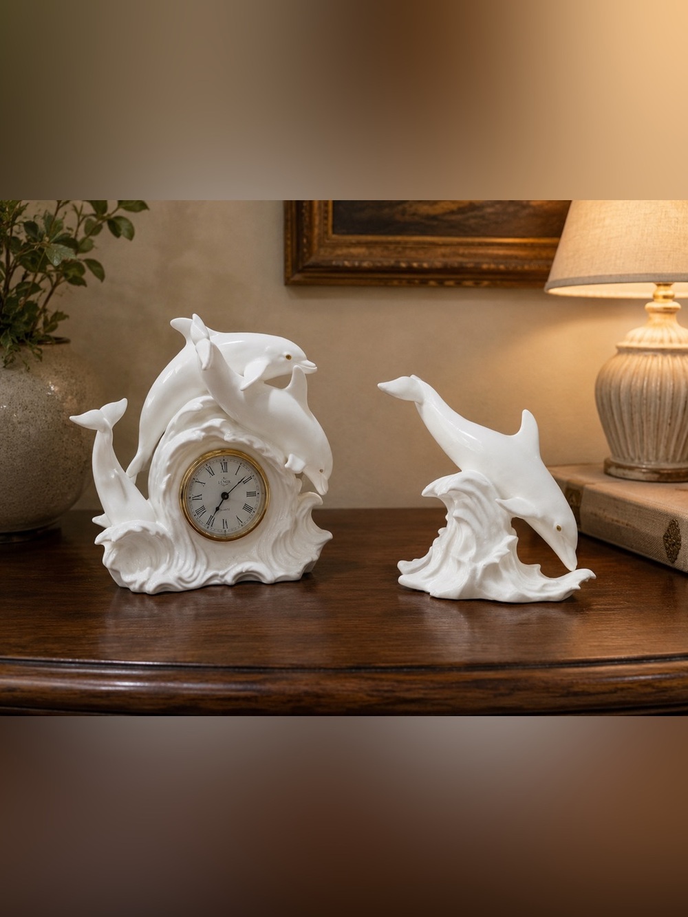 Vintage Lenox White Dolphin Wave Mantel Clock & dance dolphin figurinGold Accent